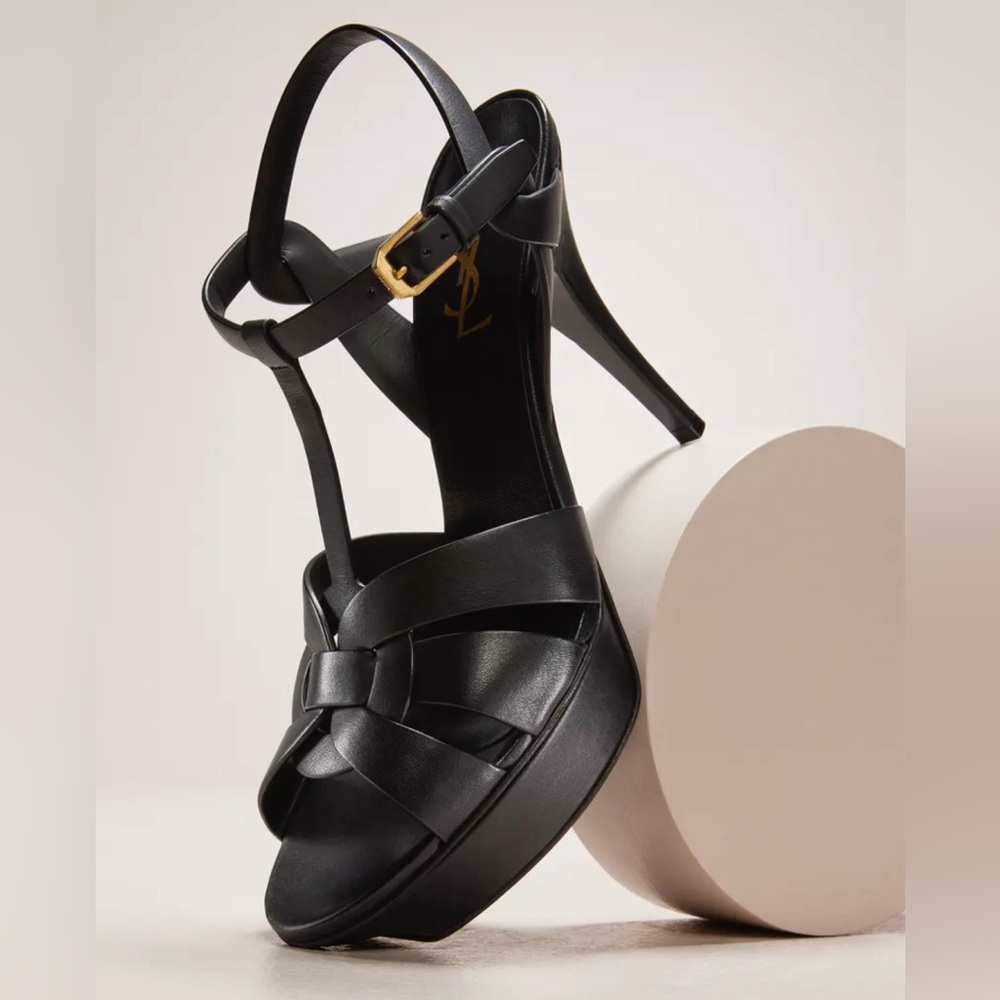 Saint Laurent Tribute Patent Sandals, 4" Heel, Yves Saint Laurent Designer Shoes